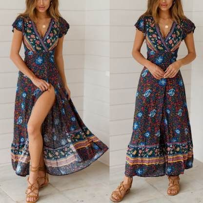 Womens Wrap Style V Neck Floral Maxi Dress