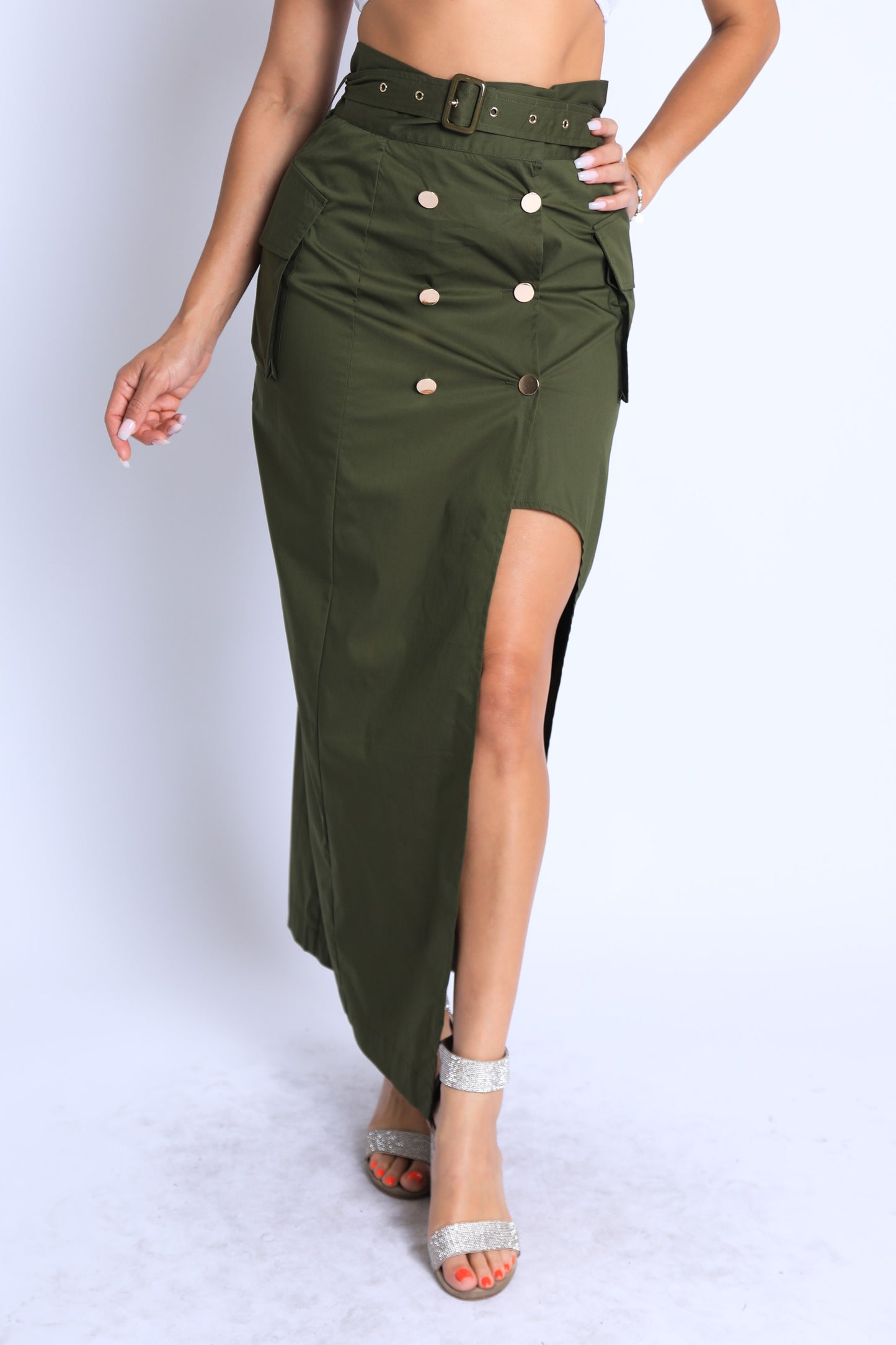 Asymmetric Self Belted Pockets Detailed Maxi Skirt Formal Casual